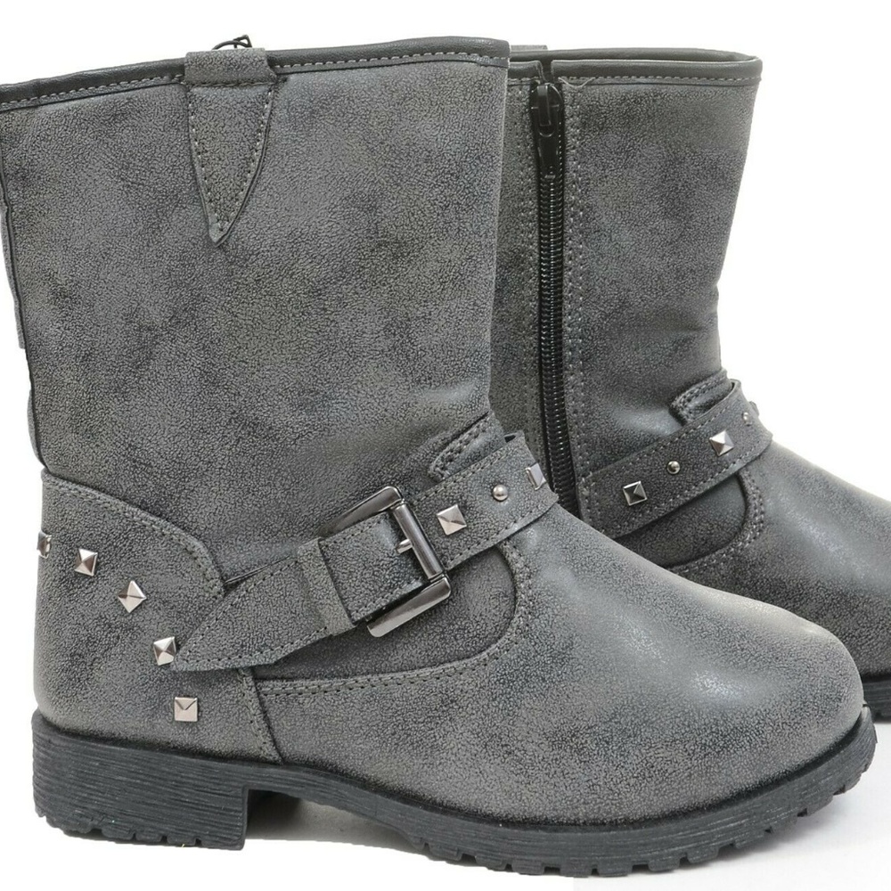 Grey Studded Buckles Combat Boots Girls Zipper - Picture 3 of 4